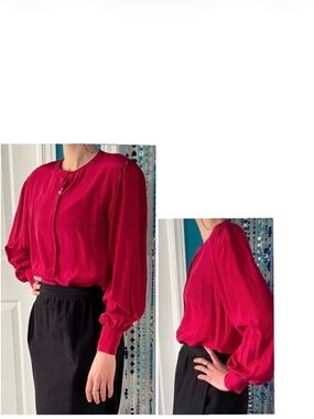 Red silk blouse 1980’s / long bouffant sleeves / unused but has minor flaws